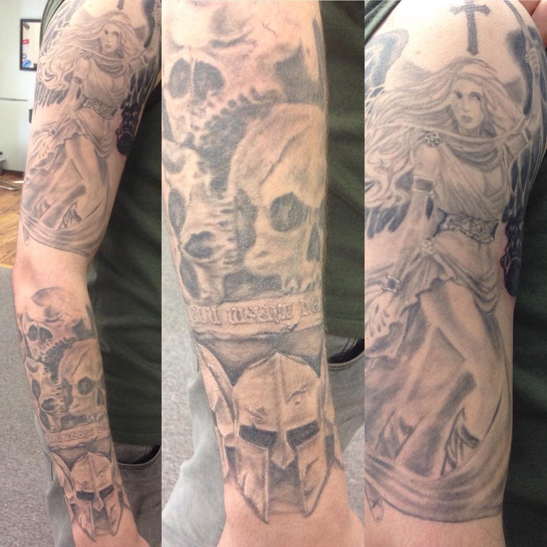 Sleeve in progress. Tattoos by Alan. #sleeve #blackandgreytattoo #invivostudios #oskaloosa #iowaartist