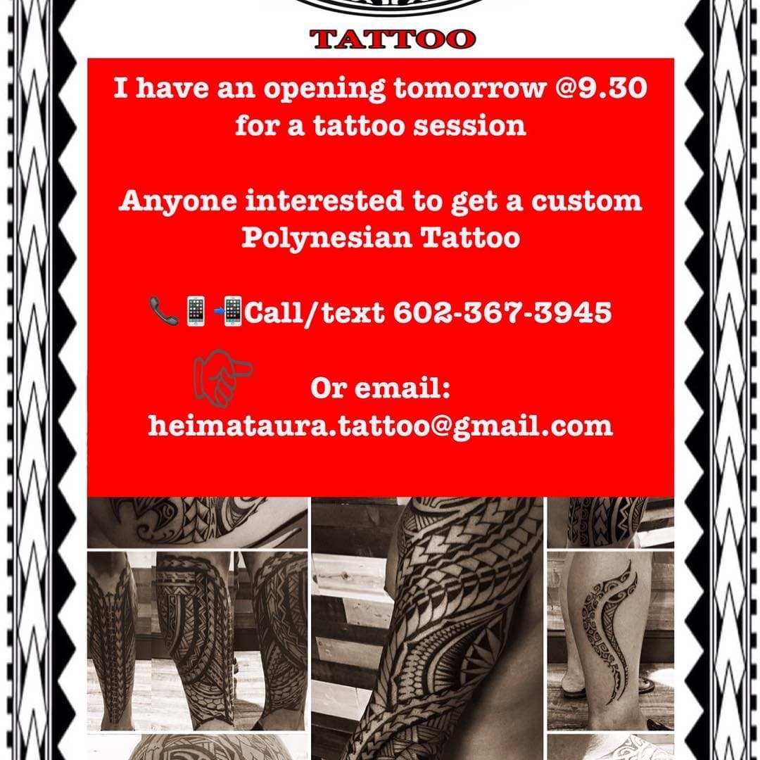 Hi everyone! I have a last minute cancellation and open spot available tomorrow @9.30am. Let me know if you are interested to get in:📲602-367-3945 or email @ heimataura.tattoo@gmail.com. #heimataurapolynesiantattoo #custompolynesiantattoo #patutiki #tahiti #freehandpolynesiantattoo