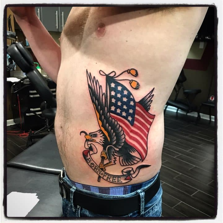 Tattoo by Matt Klawon @cokeklawon  Matt works Tue, & Thur-Saturday 2-10pm #sailorjerrytattoo #americantraditionaltattoo #usa #america #trueblue #traditional #traditionalamerican #eagleflagtattoo