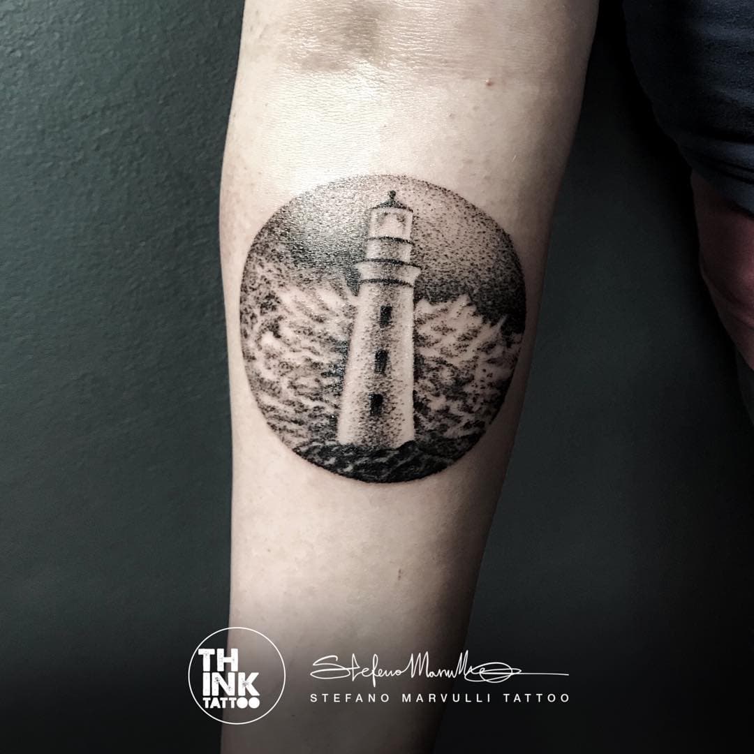 Lighthouse by @stefano_marvulli_tattoo #tattooed at @thinktattooturin 
#ocean #sea #storm #lighthouse #light #rock #wind #sky #circle #dot #dotwork #dotworktattoo #tattoo #tattooer #blackandwhite #blancoynegro #arm #tattooedgirls #torino #turin #pinerolo #piemonte #piedmont #italy