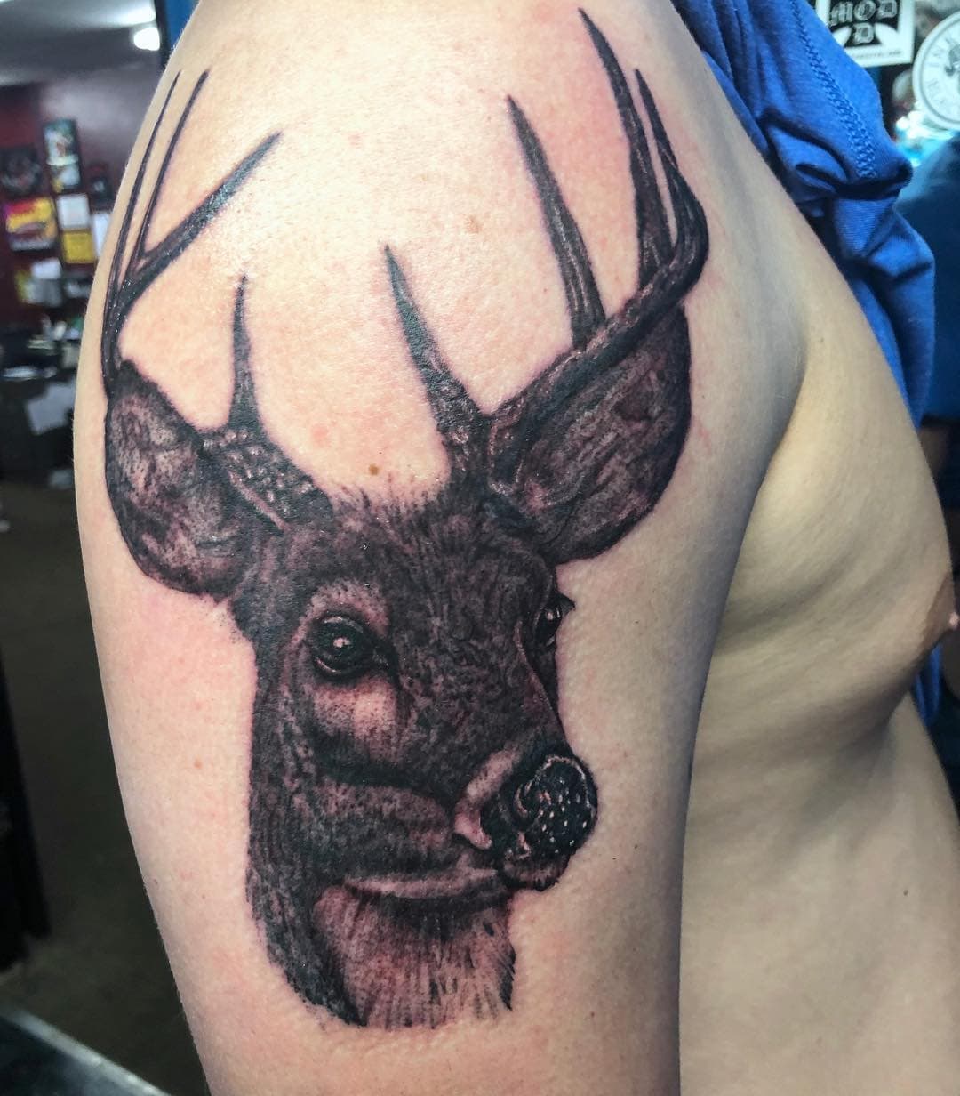 Good 1st session . Background and rest of sleeve still to come ! #fkirons #worldfamousink #eternalink #realistictattoos #cheyenneprofessionaltattooequipment #cheyennetattooequipment #deertattoo #naturetattoo #saniderm #inkeeze #tattoos #tattooartist #tattooart #blackandgreytattoo #deer #quickcaps #infinityink #xion