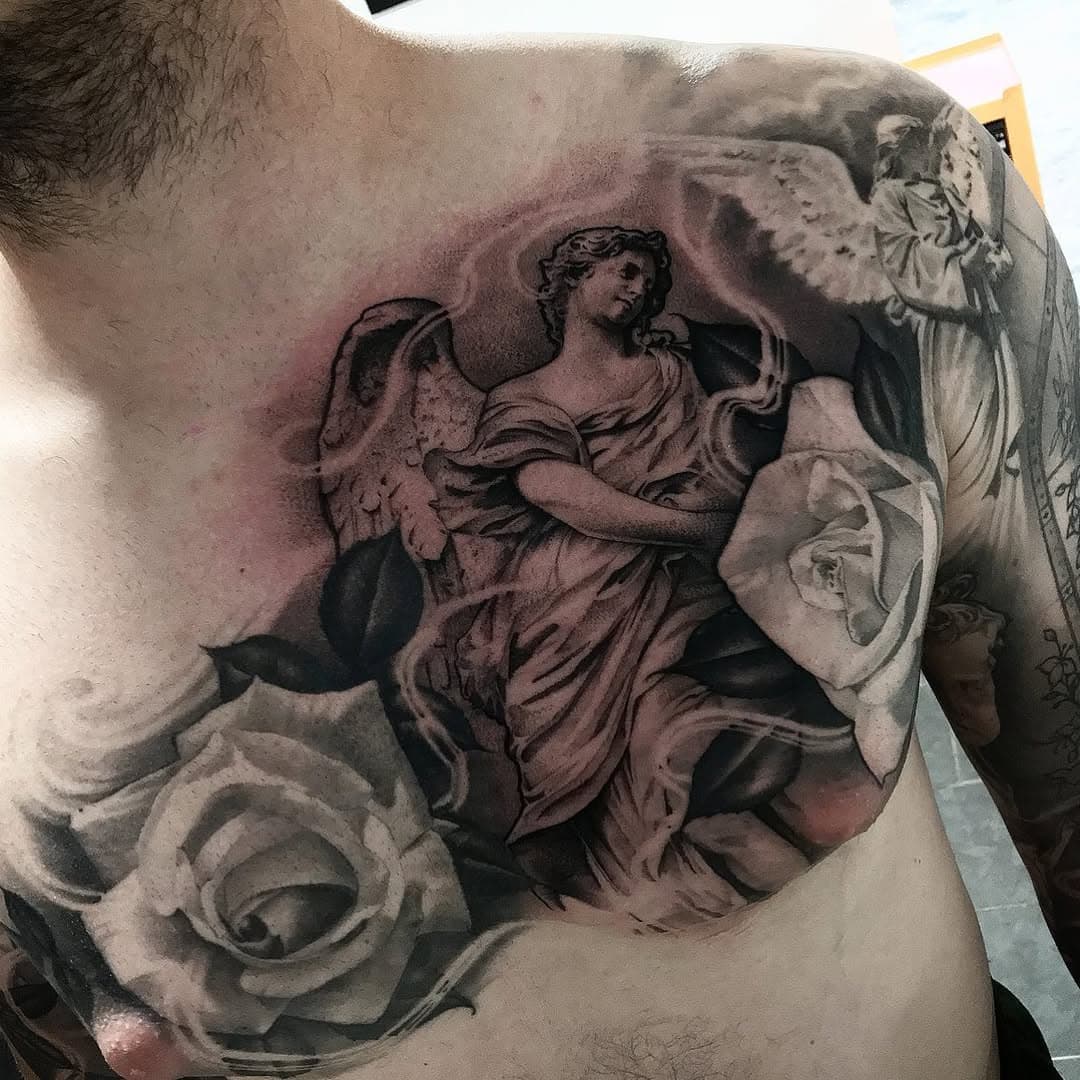 Last few gap fillers on Marcus Thank you as always m8 , @silverbackink #blackth1rt3en #3shadeseries @naturesgrift #getyourgrifton #theterracestudios  #chesttattoo #blackandgreytattoo #blackandgreytattoos #tattoo