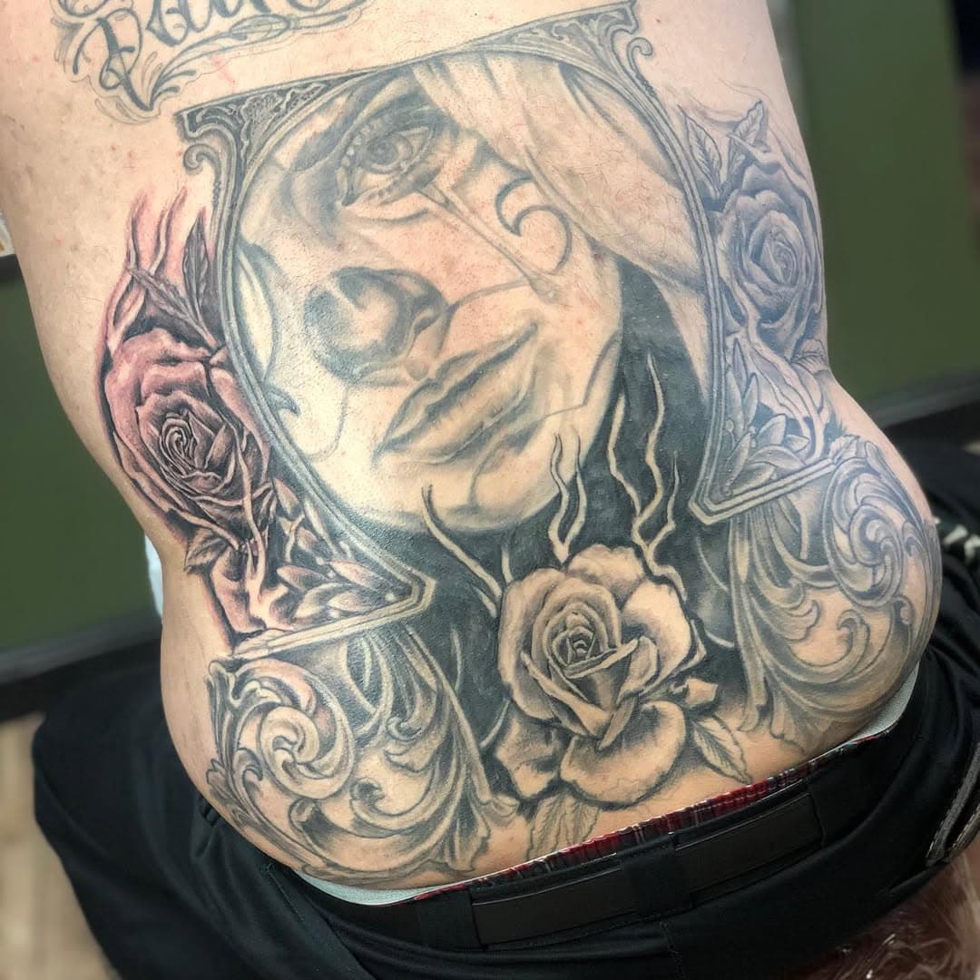 Done by @roncho_tattoo come on in and make your appointment today!! 7752463535. •
•
•
#tattoos #tattoo #blackandgrey #chicanastyle #backpeice #socalfromnv #carsoncitytattoo #carsonsfinest #wearyourdreams #carsoncity #nevada #qaulityart #