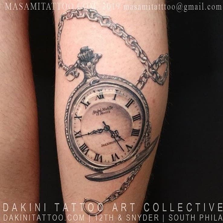 Pocket watch by Masami @masamitattoo #dakinitattoo #tattoosbymasami #tattoos #tattooart #tattooartist #tattoolife #inked #inkedphilly #phillyink #phillytattoo #phillytattooartist #philadelphiatattoo #blackandgreytattoo #pocketwatchtattoo #snyderave #southphilly