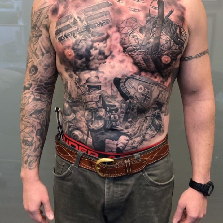 Finished up this #WW1 torso #tattoo today. Super stoked on this one. Especially right after #veteransday Thank you for your trust, patience and loyalty Cale. It was an absolute pleasure. By the way this was a second version of this tattoo so I have a few other options for WW1 full fronts or backpieces Contact @sbtattoo directly for inquiries. 🤙🏼⚓️ #fullfrontal
