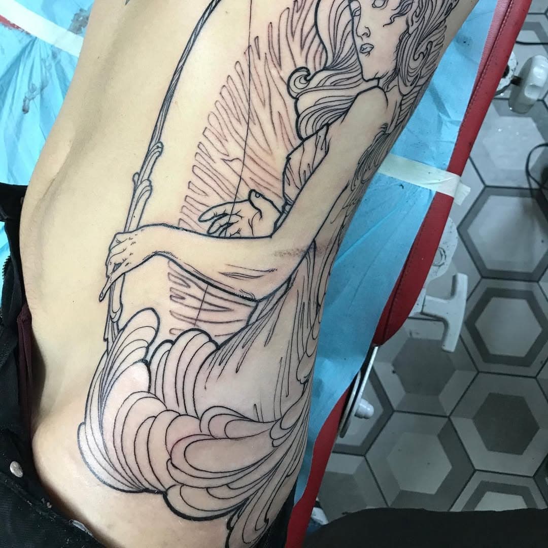 #elf #archery #mucha #artnouveau #1stsession #inprogress #tattoo #tattoos #funtattoo #outline #blackandgrey #blackandgreytattoo