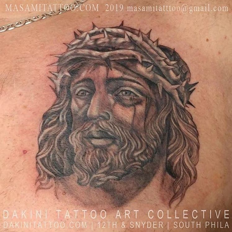 Jesus, what a great a #tattoo by Masami @masamitattoo #dakinitattoo #tattoosbymasami #tattoos #tattooart #tattoolife #inked #phillyink #phillytattoo #phillytattooartist #philadelphiatattoo #blackandgreytattoo #religioustattoos #jesustattoo #snyderave #southphilly