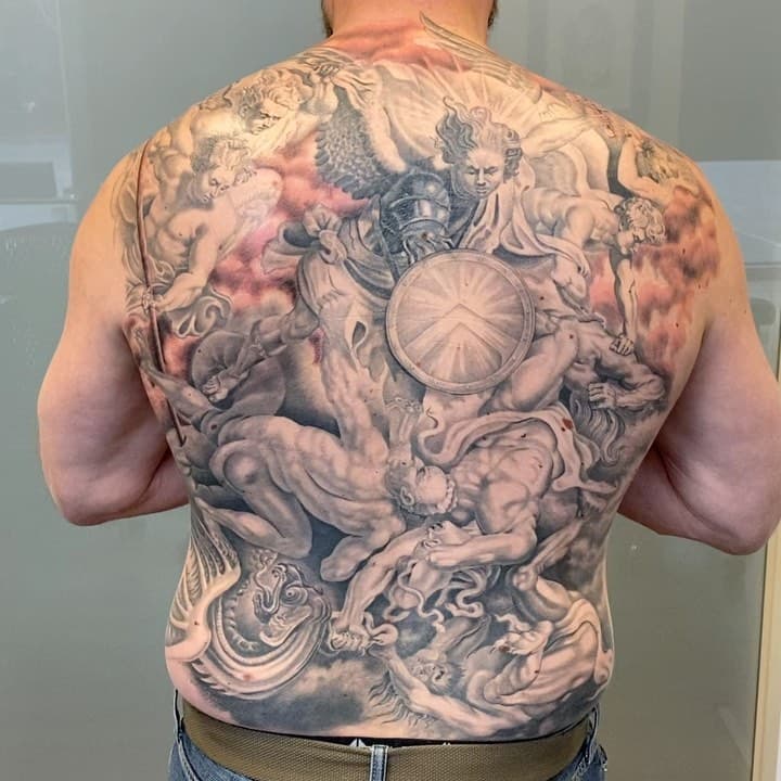 So happy with how this one turned out. Thank you for your patience with the process and commitment to come in from out of town Adam. 🙏🏻😌 #stmichael #stmichaeltattoo #backpiece