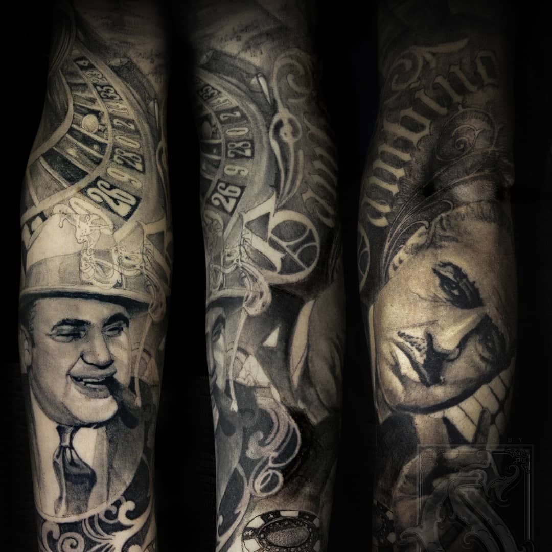 Worked on this awesome piece yesterday on @hempfield24. Thanks man! 
#pittsburghartists#dynamicblackink#hybridtattoosupply #worldfamousink#gangstertattoo#portraittattoo#gangstersleeve#alcaponetattoo##thegodfather#blackandgreytattoo#realistictattoo#blackandgreysleeve #pittsburghtattooartists