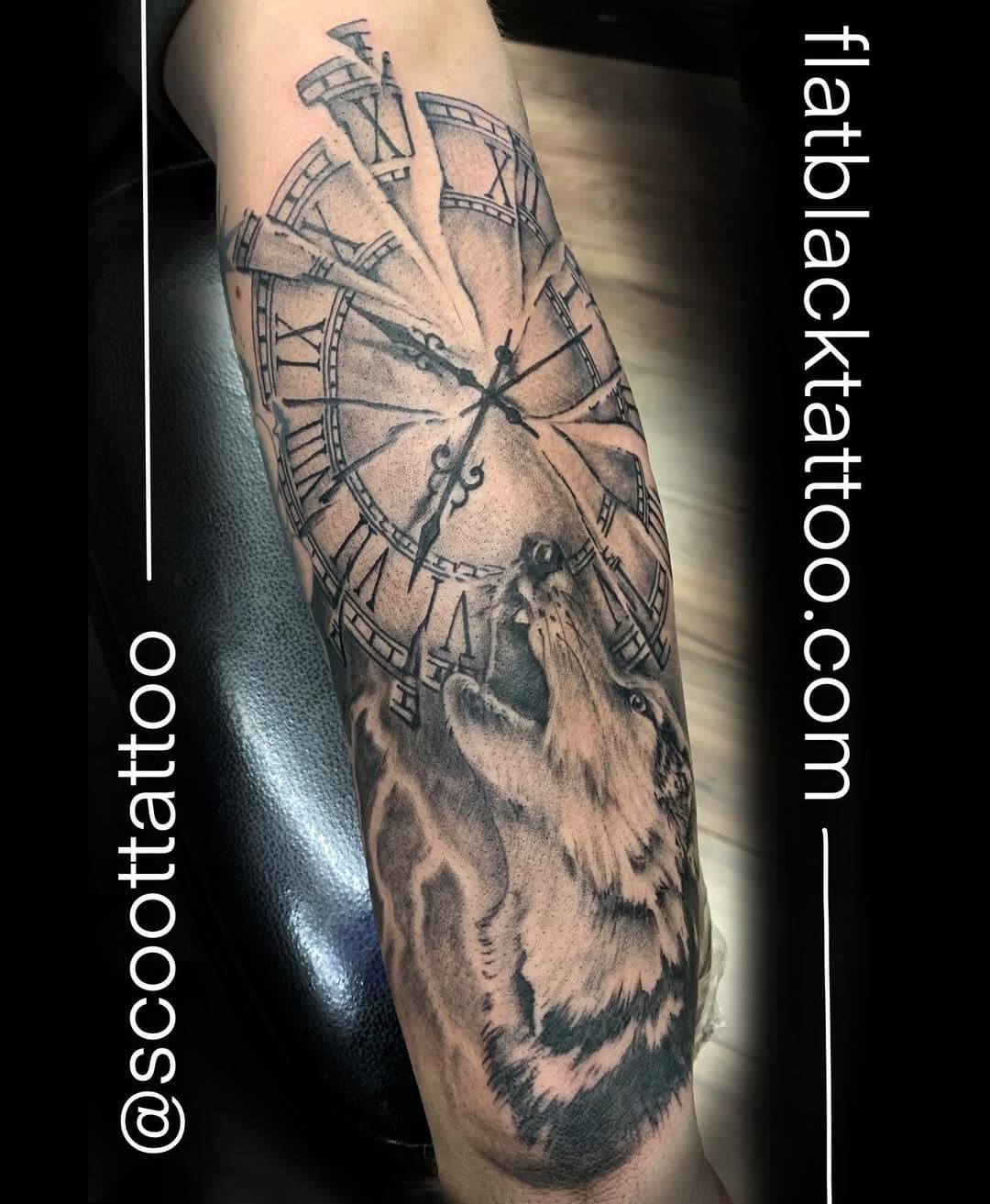 Fun woof today by @scoottattoo  Appointments available  #wolftattoo #nvtattoos #carsoncity #blackandgreytattoo #shatteredclock