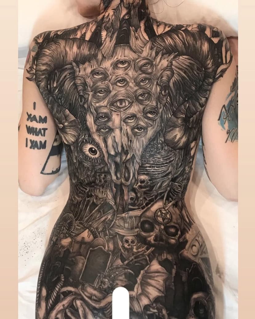 I’ve been marinating on this experience for over a week, going through over 100 photos of this 😅 and just cannot hold back anymore because this was one of the most incredible experiences of my time as a tattooer on this Earth!!! I don’t know where this epic woman came from but I’m so proud to know her. We completed this entire back piece in 4 DAYS STRAIGHT 41 hours start to finish (3 hrs to piece the stencil and draw some things back in) . Thank you, thank you for everything! I’m continually in awe of this magically brutal experience 🖤🙏 thank you tattoo gods and goddesses for blessing me with such a strong and fantastic client and bringing an awesome soul into my life!🔥 (anonymity is appreciated please don’t tag her if you know her 🙏)👹🌙 #backpiece #tattoo #tattoos #wholeback #largetattoo #blackandgreytattoo #demontattoo #demons #eyeballs #gruesome #tttism #tattoosnob #inkedmagazine #inked #ink #thegreys #bishoprotary #blackclawneedle #travelingtattooer #sanjose #theinkapp #cali #nyc #brooklyn #hadesinquisition