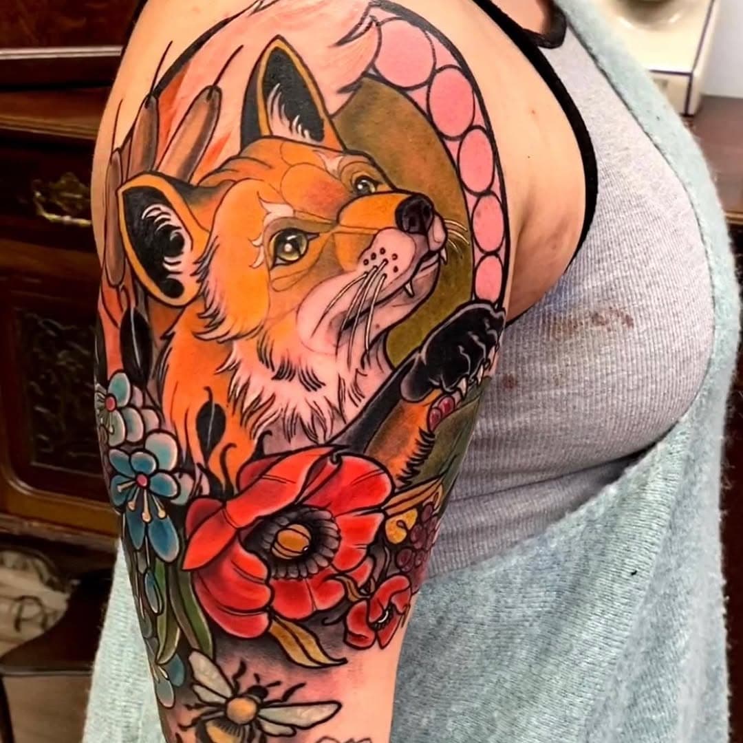 Neo trad fox and flowers half sleeve done today...
9hrs session... Plenty more Neo Trad please!. #Jaxwolf #jaxwolftattoo #masterjaxwolf #neotradfox #neotrad #hulksuperbond #hulkwash #hulkelixir #hulkproseries #radiantcolourseurope #SOVRANO #sovrano-ts #dermalizepro #hulkcartridges #VIIRONCLNZE