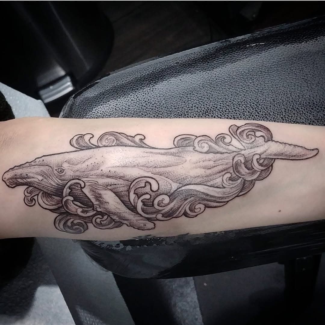 Absolutely gorgeous whale by Lisa @eight.coins.tattoo —do you have a favorite sea creature?🌊 .
.
.
#damask #damasktattoo #ladytattooer #ladytattooartist #femaletattooer #femaletattooartist #tattoo #tattooed #tattoos #ink #inked #seattle #seattletattooartist #seattletattoo 
#humpbackwhale  #humpback #humpbackwhaletattoo #whaletattoo #waves #wavetattoo #marinelife #blackandgreytattoo #armtattoo #blackwork #blackworktattoo #blackandgrey #btattooing #veganfriendly #veganprocess #veganink