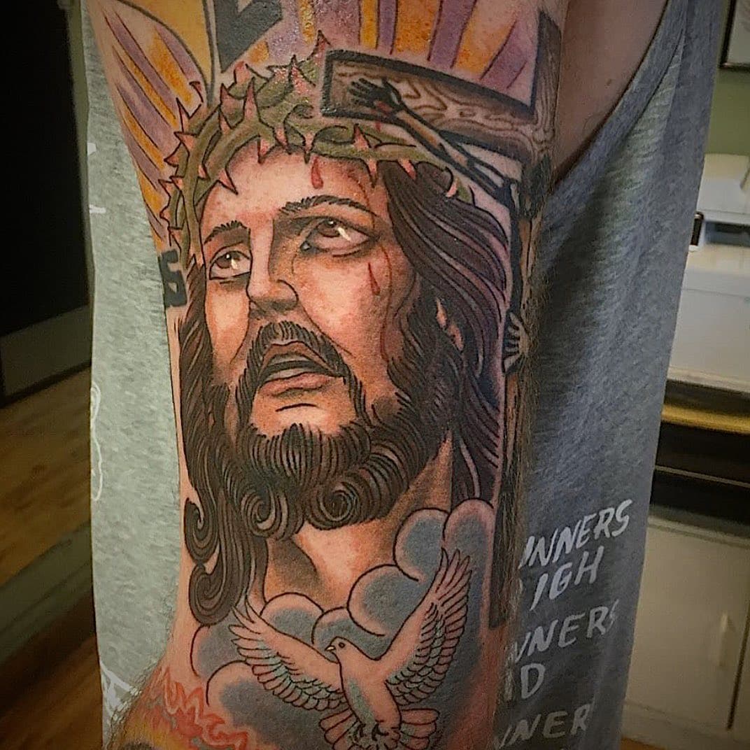 Happy Friday y’all! // Piece done by @danmartin1401 🕊 // #tattoo #colortattoo #religioustattoo #scorpionstudiostattoo #houston #texas #713