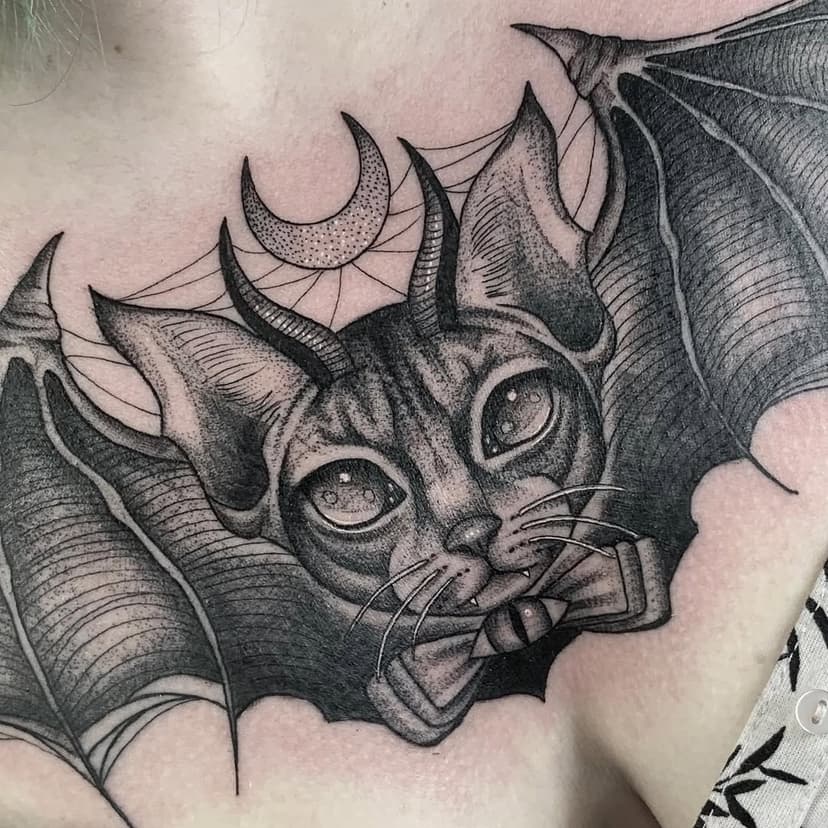 Bat cat🖤🦇 Thank you Abbie for the trust& for choosing this from my predrawn designs☺️ #cattattoo #battattoo #darkartists #blackworktattoo #blacktattoo #btattooing #blxckink #blackwork #tttism #blacktattooart #taot #blkttt #marthyluck #belfasttattoo #blackworkerssubmission  #killerink #irelandtattoo #thedarkestwork #radtattoos #uktattoo #inkedmag #tattoosnob #blacktattoomag #blacktattooworld #tattoodo #gothictattoo  #onlythedarkest #chesttattoo