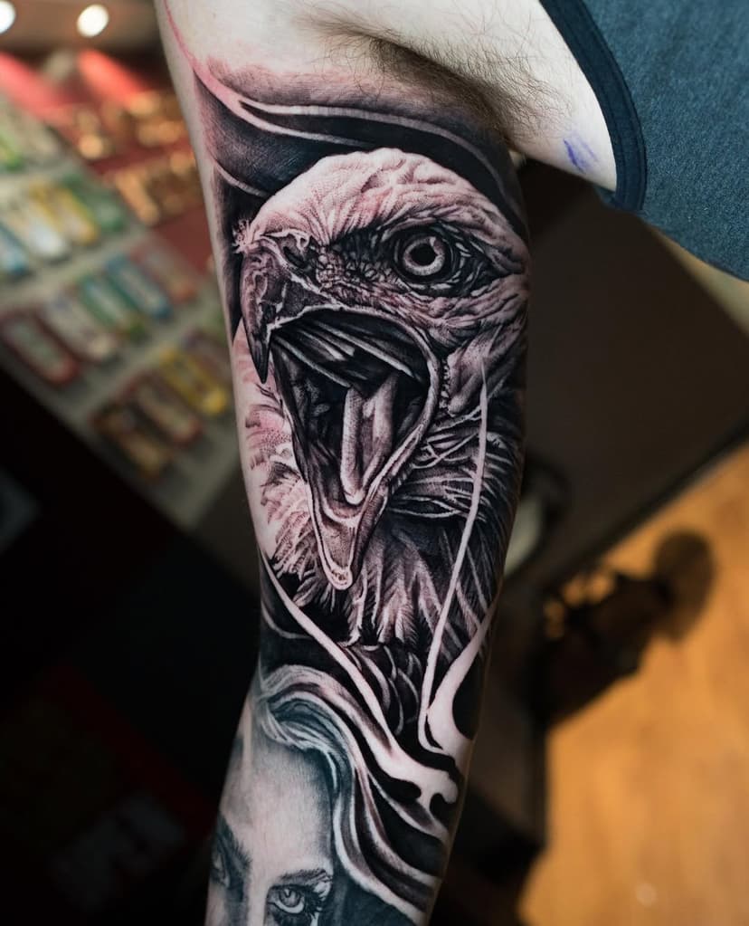 Loved doing this eagle with a more aggressive vibe! ⁠⠀
What's your next animal tattoo going to be?⁠👇🏼
--------------------------⁠⠀
#eagle #eagletattoo #animalportrait #wildlifetattoos⁠⠀
#realisticink #realism #skinartmag #dopetattoos #fkirons #worldfamousink #njtattoo #newjerseytattoo