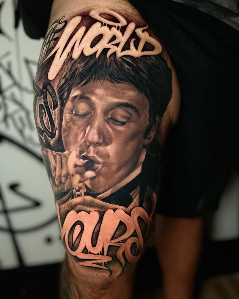 •Scarface• “The World Is Yours” collaboration with this crazy guy @jay.lobs healed portrait @timeless_gallery @bishoprotary @bigsleepsink #blackandgreytattoo #blavkandgrey #bng #portraittattoo #scarface #scarfacetattoo #bishoprotary