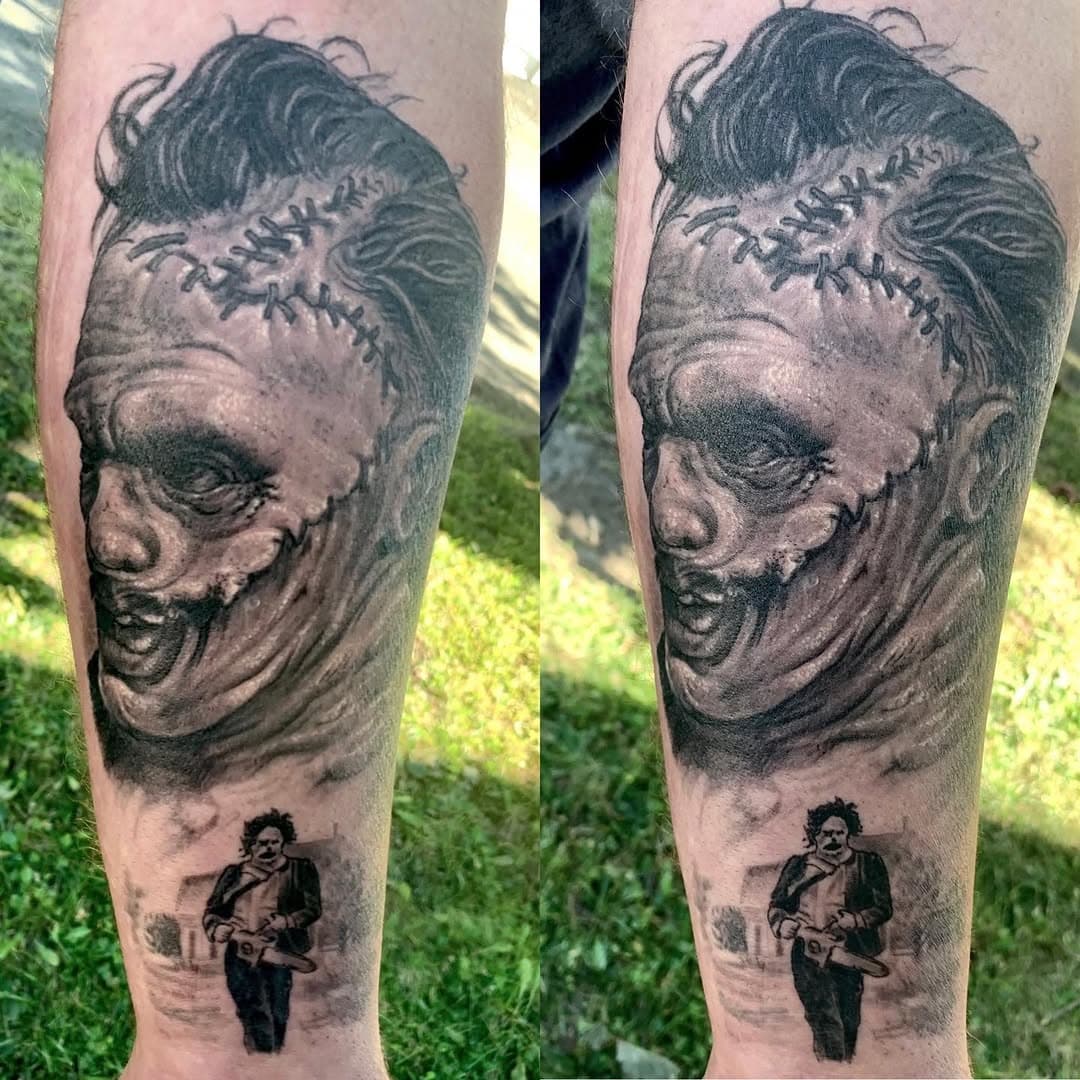 finished  leather face from a few weeks ago #leatherface #horror #tattoo #tattoos #horrortattoo #texaschainsawmassacre