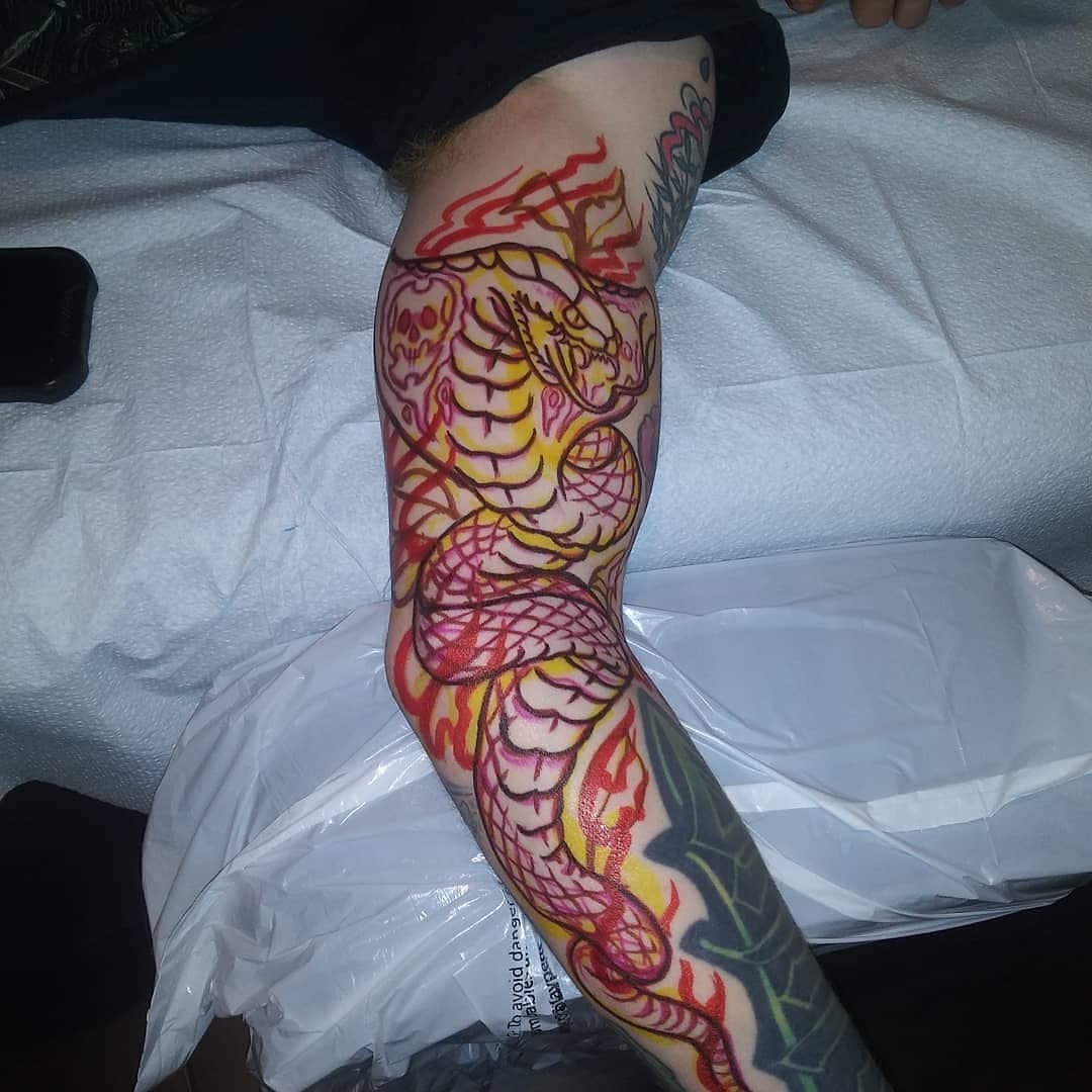 Super tough cobra tattoo done by @radabadabonzical here at hard luck. We have availability for walk ins or appointment. Give us a call at 928-777-8807 or just swing by 600 miller Valley rd. Prescott, AZ. @danrobertstattoo @cooter_tattooer