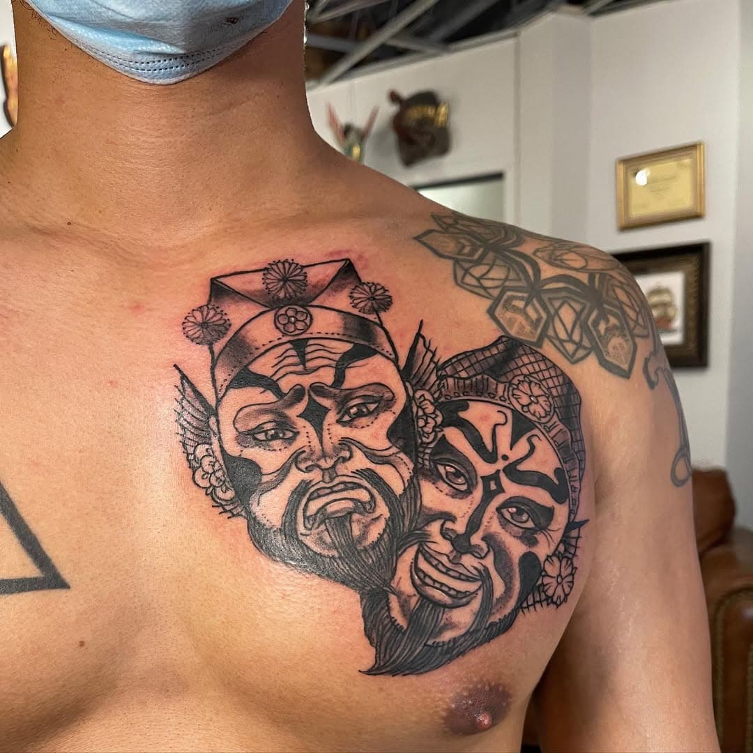 Photo taken minutes after finishing up first session on Mike’s Beijing Opera Masks/Theatre Masks. The masks are representative of his cultural background and his professional career in acting & theatre. One more session on his next break from living it up in L.A.  Life is tough huh? #modernclassictattoo #theatrelife🎭 #bejingthreatremasks