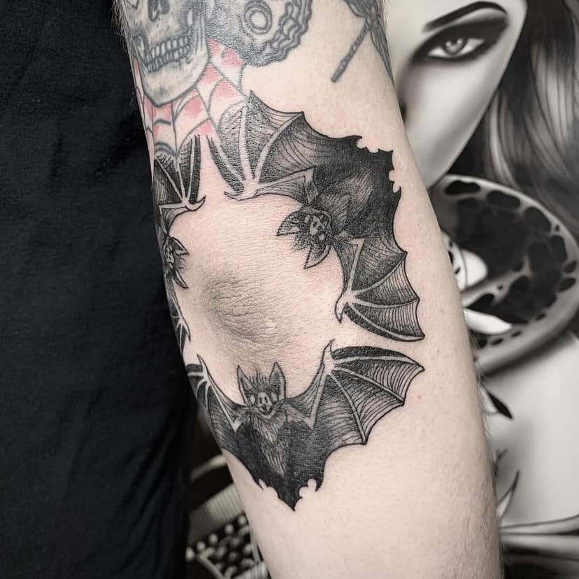 More bat tattoos in 2021 please🦇•Taking new bookings from May :) 
Done at @asailorsgrave #darkartists #blackwork #tattoo #battattoo #elbowtattoo #tattooartist #onlythedarkest #thedarkestwork #taot #marthyluck #tttism  #blacktattoo #blktt #d_world_of_ink #occultarcana #tattooworkers #onlyblackart #iblackwork #horrortattoo #tattooartistsmagazine #gothtattoo #tattoogirls #arteobscurae #blacktattoomag #blackworkersubmission #tattoosnob #battattoos