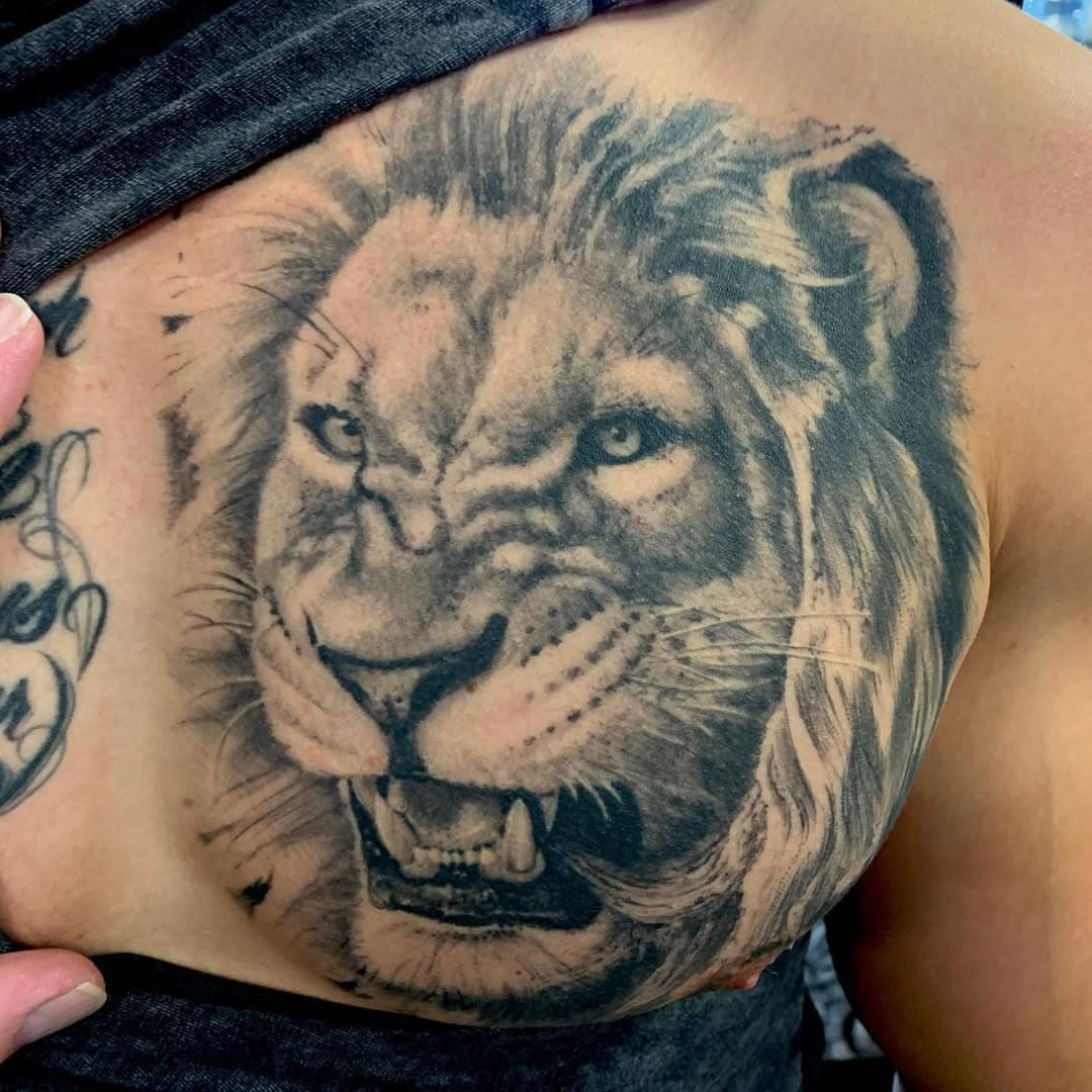 Healed lion on @d_ellis103 #menacingmethods #garyshepherdtattoos #garyshepherdart #inkedup #bngtattoo #fusionink #ink #tattoos #chestday #inkstagram #instatattoo #workflow #tatted