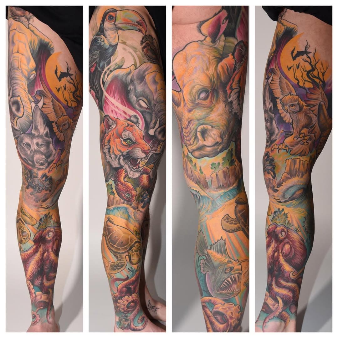 Hope everyone is enjoying their snow day ❄️ here’s a full color leg sleeve by Kurt, healed and unedited. A lot going on so swipe for some close ups of the color blending
.
.
.
#legtattoo #colortattoo #legsleevetattoo #sleevetattoo #turtletattoo #tigertattoo #snaketattoo #owltattoo #tucantattoo #spidertattoo #anglerfishtattoo #njtattooartist #njtattooshop #njtattoo #hommagetattoo