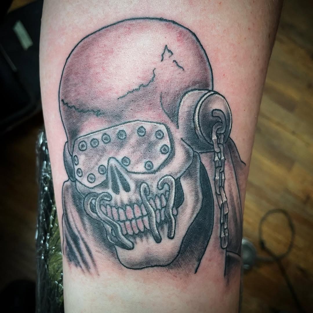 By Shaun Glover. Session one of a medal sleeve #sideshowtattooal #tattoo #tattoos #megadethtattoo #vicrattlehead #blackandgreytattoo @shaun_glover_tats