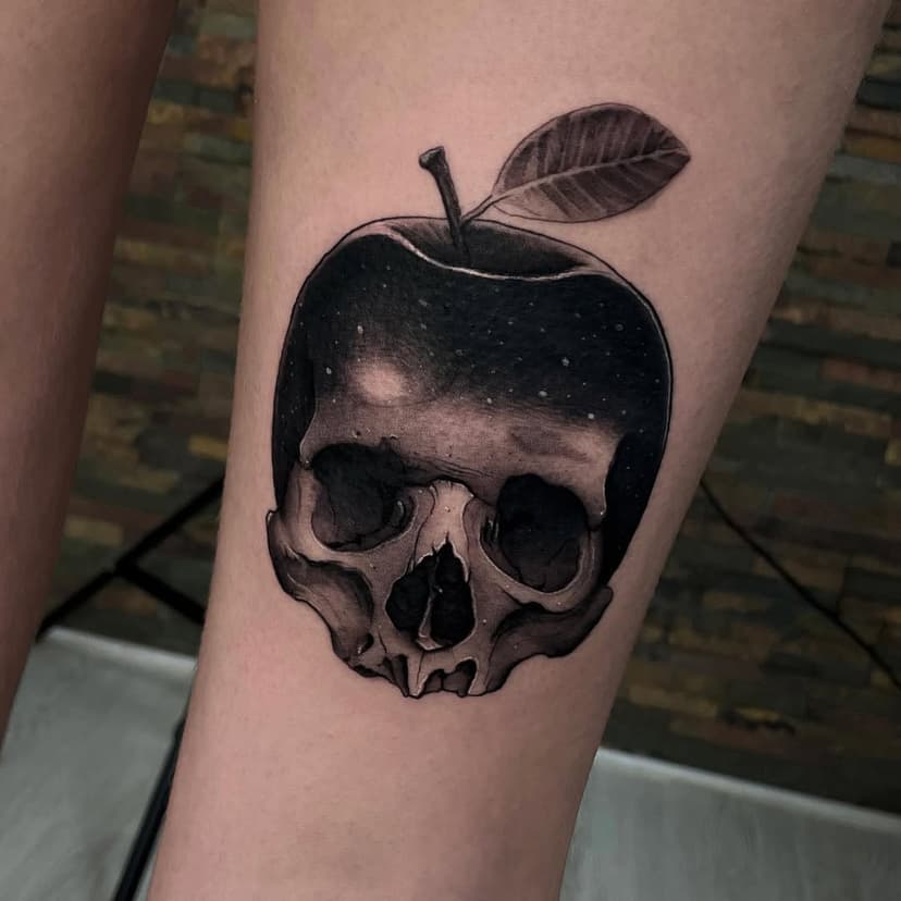 🍎APPLE SKULL VOL.2🍏 
Realizado por @emijos.tattoo 
WhatsApp 657369610 
Comentadme que os parece, os leo.  #tattoo #tattoojaen #jaen #skulltattoo #appleskull #blackandwhitetattoo #manzanaprohibida