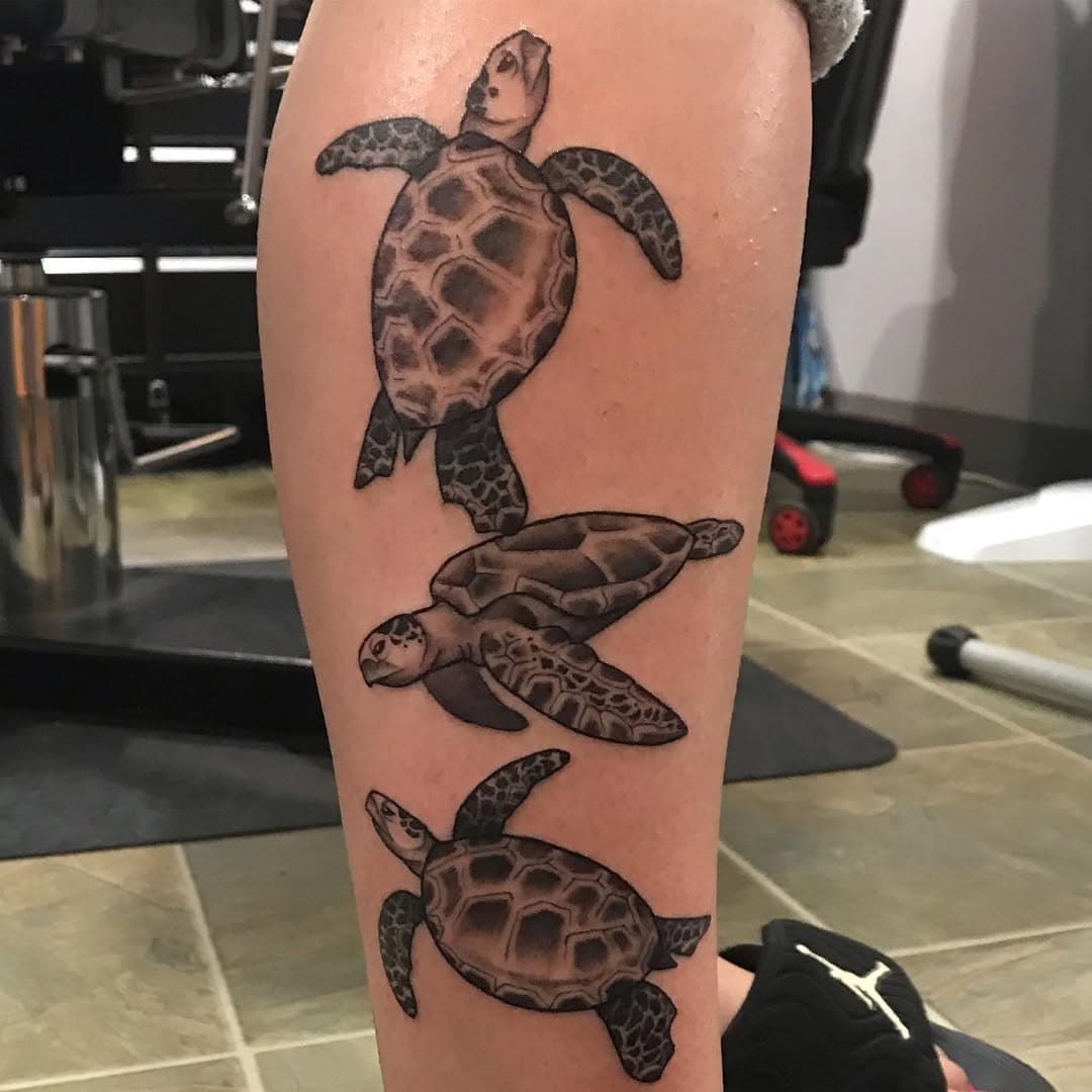 Here turtle turtle. Some little sea turtles @cjwlives did this weekend. Thanks for looking. #seaturtle #blackandwhite #legtattoo #turtle #turtletattoo #takewhatyoucangivenothingback #weddletothemetal