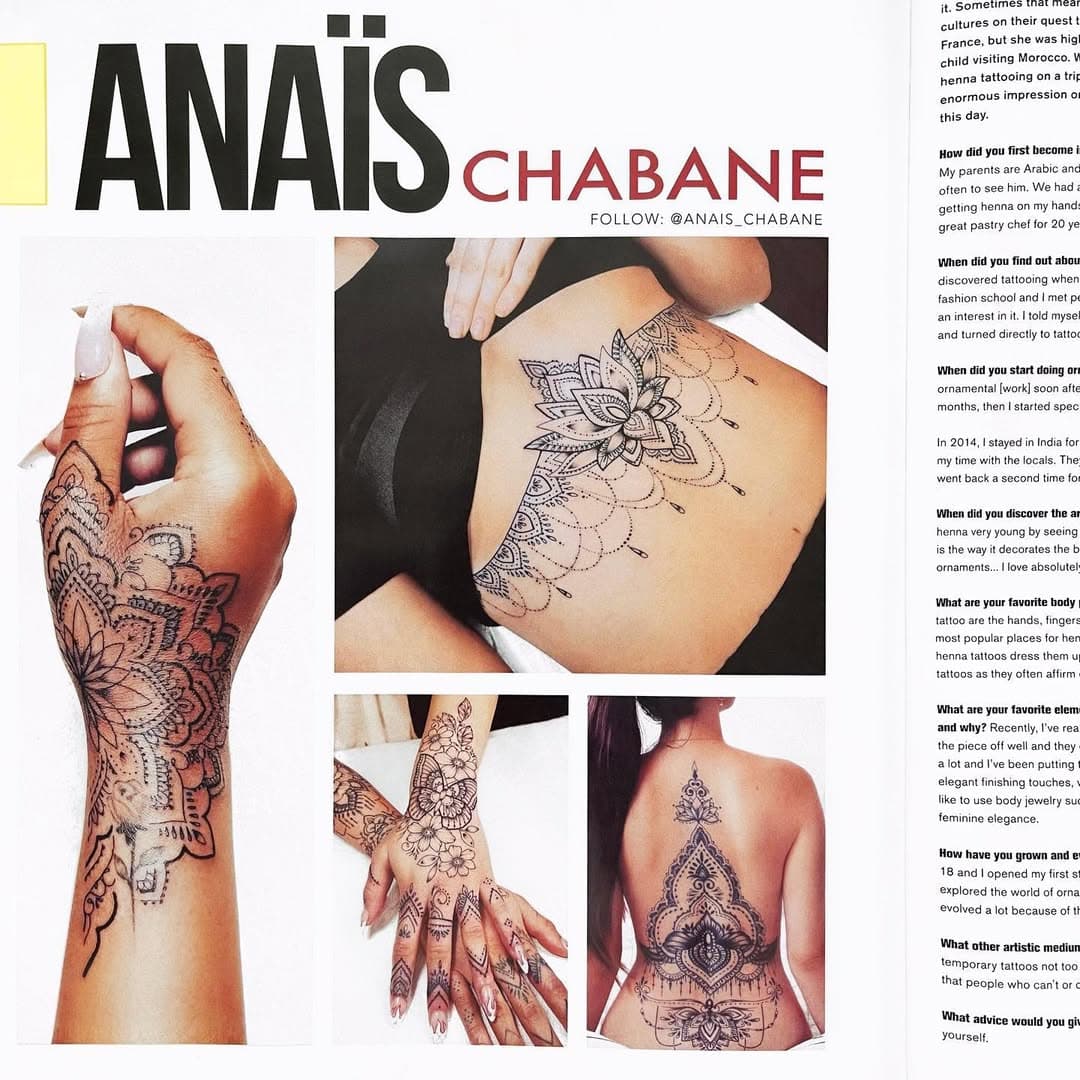 Thank you very much @inkedmag for this beautiful interview. 
Love ❤️

#ornamentaltattoo #ornementaltattoo #mandalatattoo #mandala #henna #hennadesigns #anaischabane #inkedmag #inkedmagazine #jeweltattoo