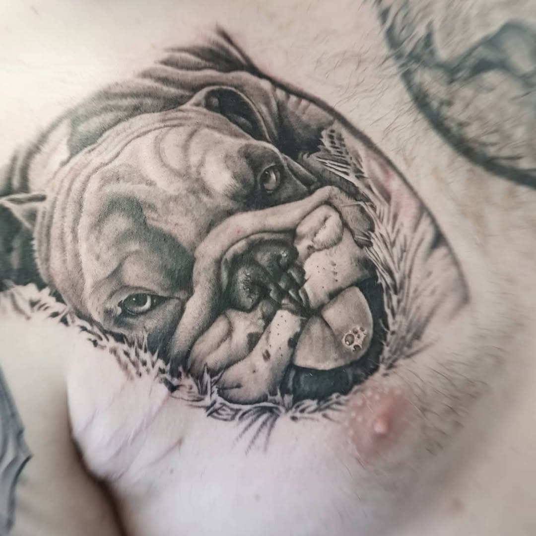 Doggie day ! Got to #tattoo this little smooshie today. #bulldogtattoo #blackandgreytattoos #foreverandevertattoo #bournemouth #diddy