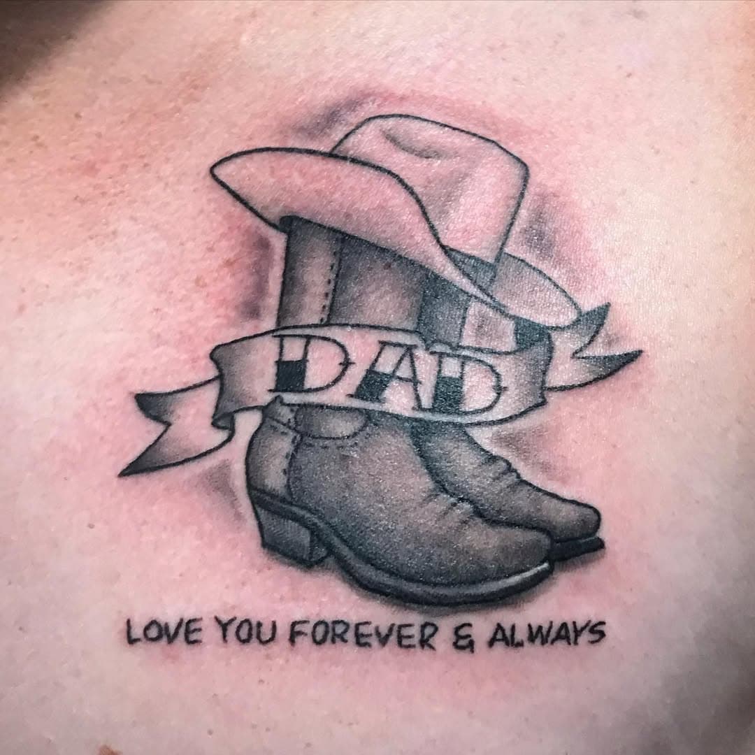 Little “dad” memorial piece @cjwlives did tonight. Thanks for looking. #dadtattoo #cowboyup #cowboyboots #cowboyhat #cowboy #memorialtattoos #weddleindustries #weddletothemetal