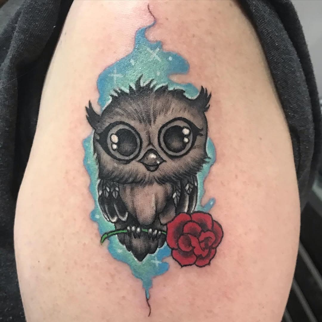 Cute little owl done by @cjwlives , now booking , limited spots available till September. Thanks for looking! #owl #owltattoo #cutetattoo #colortattoo #weddletothemetal