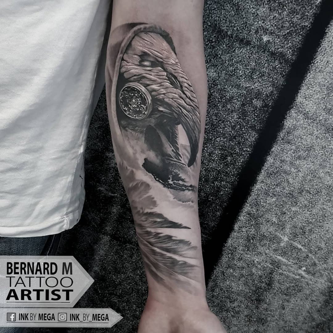 Plague Doctor, the client gave me complete freedom when designing this one. Thank you! #plaguedoctor #plaguedoctortattoo #tattoo #realistictattoo #tattoorealism #sleevetattoo #ivorytowertattoo #bernardmarusic