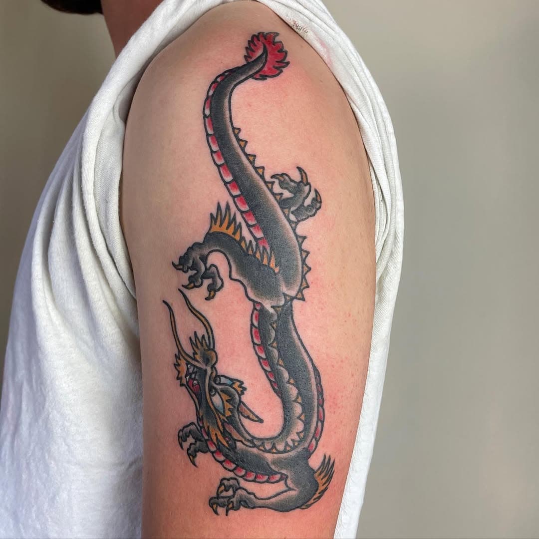 Real fun dragon based on Bowery Flash. 
Thank you! @aidan21303 #traditiontattoo #dragontattoo #bowerytattoo #sftattooartist #sfmission