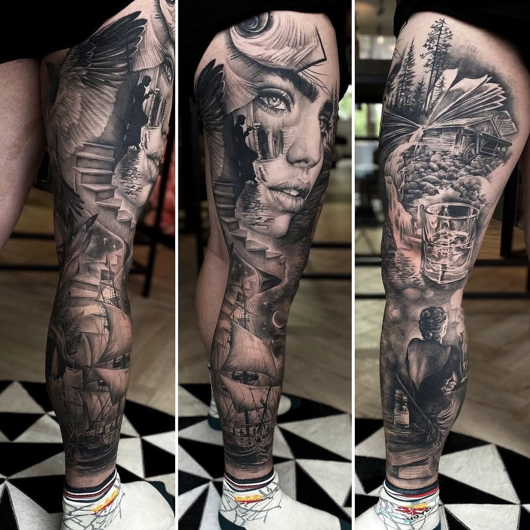 Finished and healed legsleeve for Mark, which we started over a year ago. It’s always satisfying to finish big projects but this one especially for the creative freedom and size 🎨Thanks a million for your trust and perseverance Mark! 🙏😃🌟#legsleeve #healedtattoo #bng