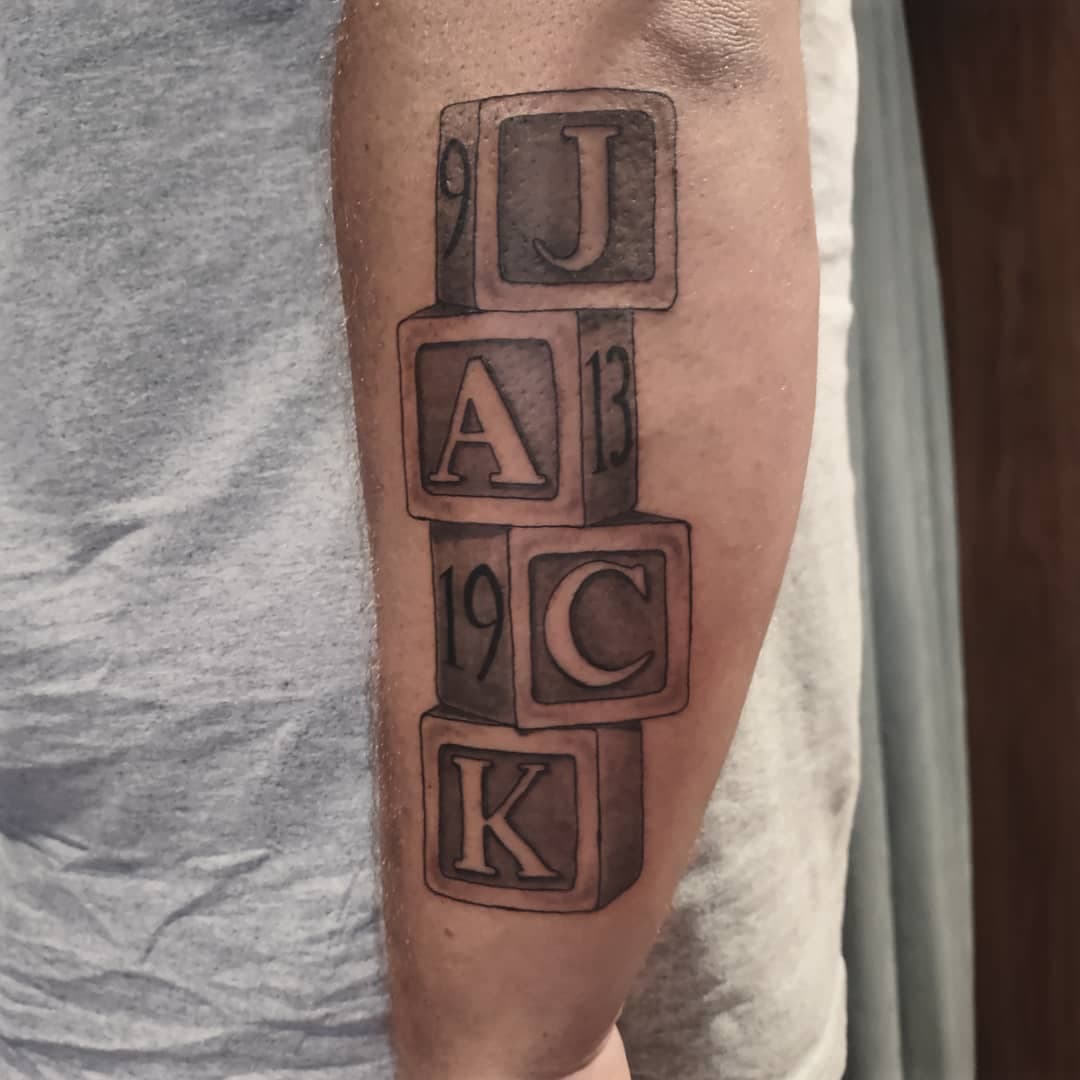 Had a great time putting this new tattoo on Jack for his little boy - thanks for looking ! #billtinsley #lefthandedartist #njtattooer #vegantattooer #blackandgrey #babyblocks