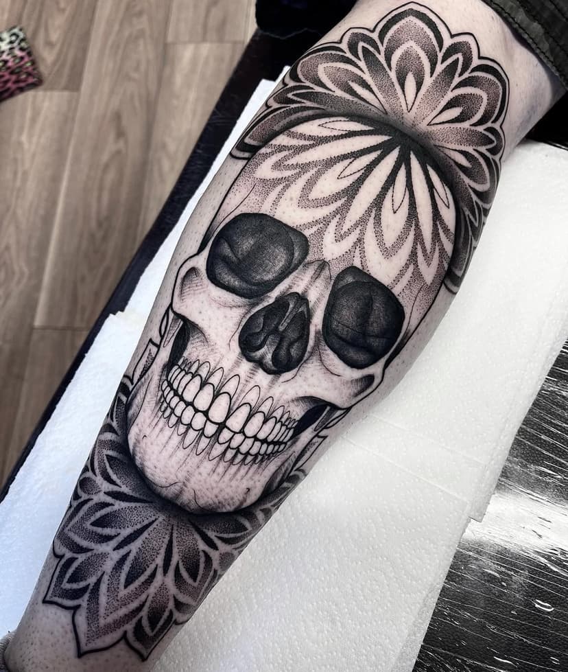 Skull 💀 done today back of calf @setsailts #skulltattoo #skull #dotworktattoo #dotwork #mandalatattoo #mandala #blackworktattoo #blackwork #blackworkers #blackworker #legtattoo #calftattoo #ladytattooers #btattooing #uktta #skinartmag #skinart