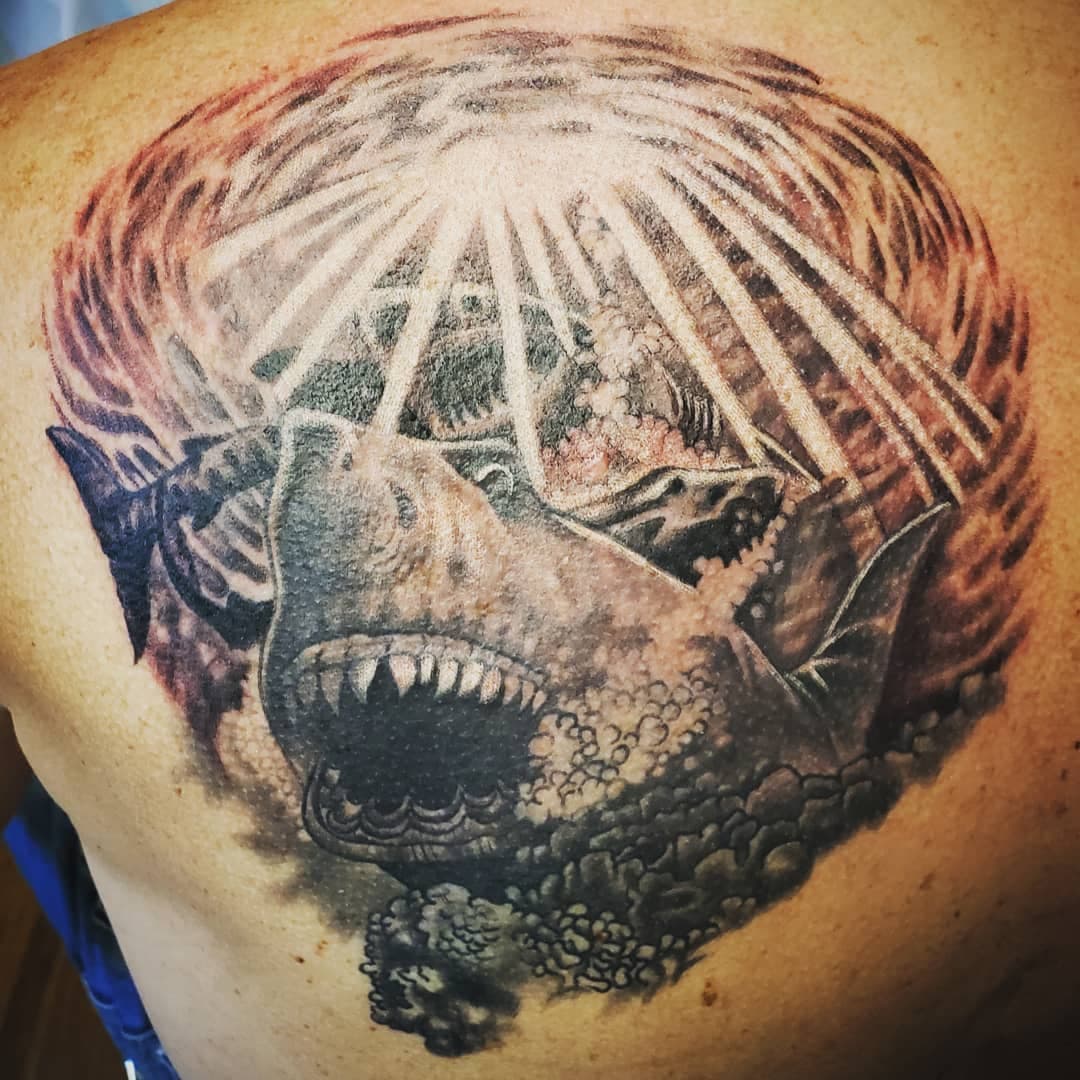 Some shark action on a shark,thanks for the trust and support.#michigantattooartist#h2ocean#michigantattooers#truetubes#michigantattoo#dynamicblack#cheyennetattooequipment#lansingtattoo#lansingtattooartist#criticalbattery#saniderm#electrumstencilprimer#skinartmag#sullenartcollective#tattooistartmag#sharktattoo#tattoosnob