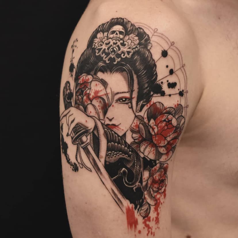 #tattoo #tttism #blackandgreytattoo #lines #japanese #girl #sword #samurai #flowers #blood #trashpolka #tattooinmoscow #тату #татумосква #самурай #меч #цветы #воин #чернобелаятату #трэшполька