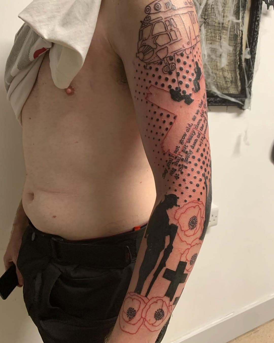 Remembrance outer sleeve first session for Adam today, sat perfect for a great 6 hour session....1 more session to add colour to poppies and George cross and finish helicopter.....🙏🙏💚💚💚
 #Poppies #ColourTattoo #trashpolka #helicopter #PoppiesTattoo #LestWeForget #scripttattoo #Remembrance #halftone #remembrancetattoo tattoo #OldEmpireTattoo #sillouettetattoo #silhouette #sleeve #blackandredtattoo #blackandgreytattoos @OldEmpireTattoo
#elgatonegrotattoocare @elgatonegrotatt #vegan #organic #aftercare