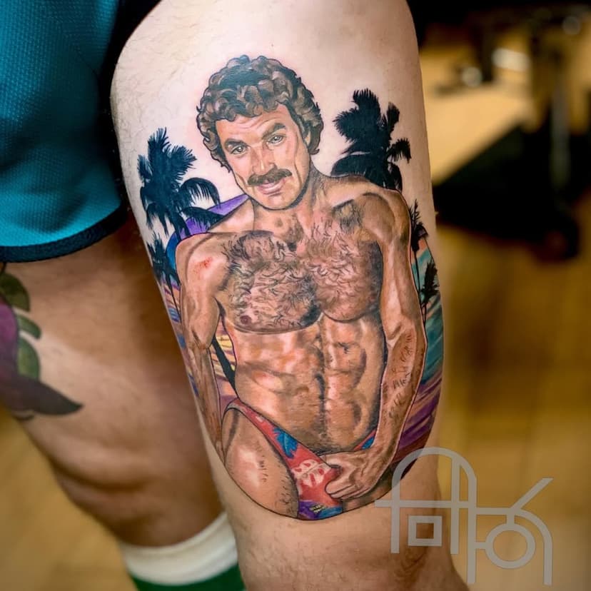 Who else STANs for Tom Selleck besides @chicagoseamus and I? 🌴 🌅 . . . #tomselleck#magnumpi#1980s#tomsellecktattoo#gayswithtattoos#🏳️‍🌈 #instagay#ladytattooer#darkhearttattoo#avondaletattoo