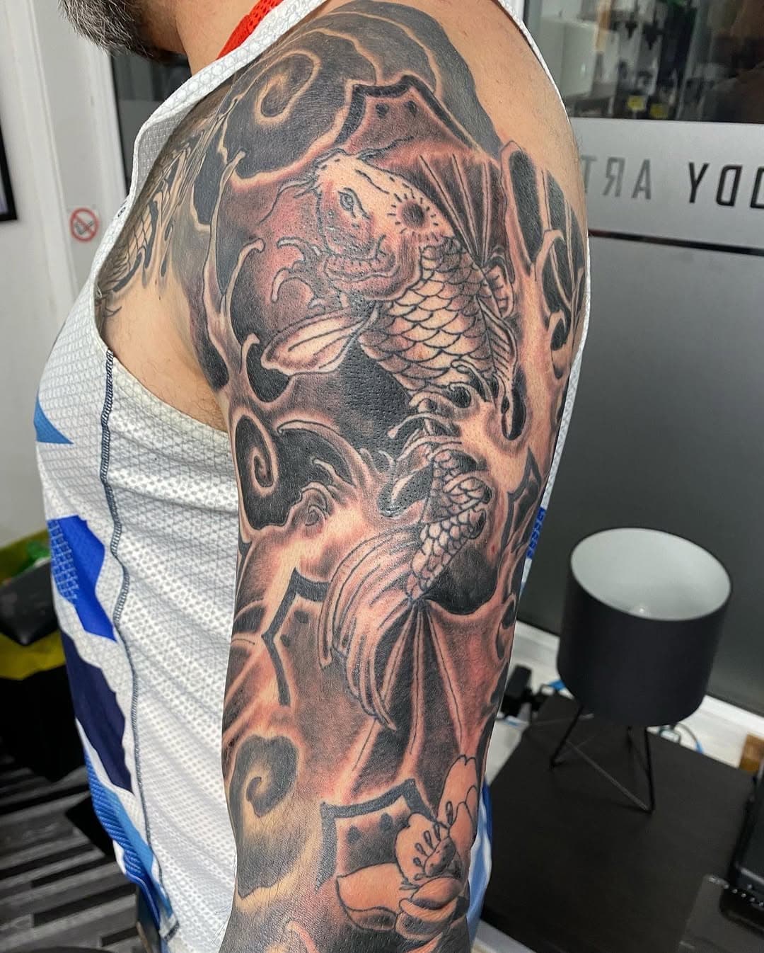 Black & grey Japanese sleeve for Martin, thanks for being a great customer #irezumi #japanesetattoo #koifish #japanesesleeve #koifishtattoo #lotusflower #coventry #coundon