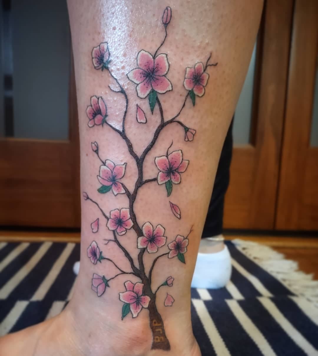 Fun cherry blossom tattoo for Sara today ! Thanks for looking ! #billtinsley #lefthandedartist #vegantattooer #njtattooer #cherryblossomtattoo