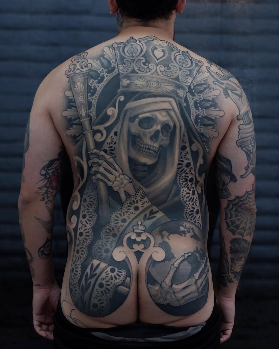 Santa Muerte
@anthonymedina_tattoos 
He’s as tough as they come. 

Made at @the.grand.reaper 
in San Diego, CA

Now booking for 2022 at @dreams_collide_tattoo 
in Lancaster, PA