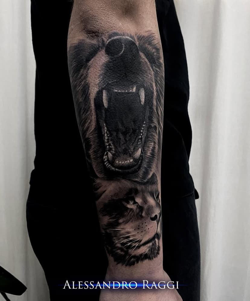 Bear and lioness 
Done with: @turanium_tattoo_machine 
@killerinktattoo  supplies 
@dermalizepro @inkeezephtattooproducts 

#tattoos #realistictattoo #blackandgreytattoo #blackandwhite #animalportrait #animalportraittattoo #lioness #bear #tattoosleeve #italiantattooartist #italiantattoo #iltatuaggio #besttattoos #besttattooartist