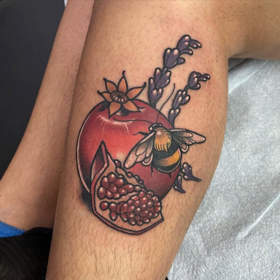 Pomegranate & bee 🐝 ty to @eliz_abeth36 for grabbing this piece! #beetattoo #pomegranatetattoo #naturetattoo