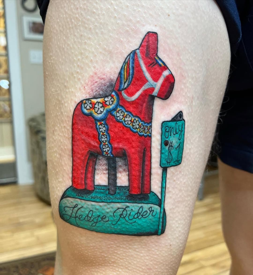 Dala horse by @kylegrovertattoos at the #bayfield Benchmark location. We are also hiring a tattooer for summer at the Bayfield studio contact @kylegrovertattoos if interested.