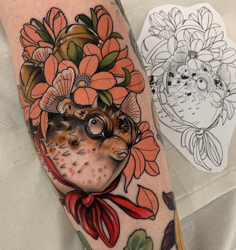 Pufferfish today for Wren to add to her collection. Sandwiched between some amazing pieces by @jessica_penfold and @stephanie_melbourne 
.
.
.
.
 #tattoo #tattoos #tattooist #tattooflash #tattooartist #tattooer #tattooshop #neotrad #neotradeu #tattoodo #neotradsub #ntgallery #oldlines #tattoosnob #neotradtattoo #neotraditional #neotraditionaltattoo #golddaggertattoo #golddagger #winchester #winchestertattoo #southampton #southamptontattoo #botanical #floral #blowfish #flowertattoo #blossom #fugu #flower